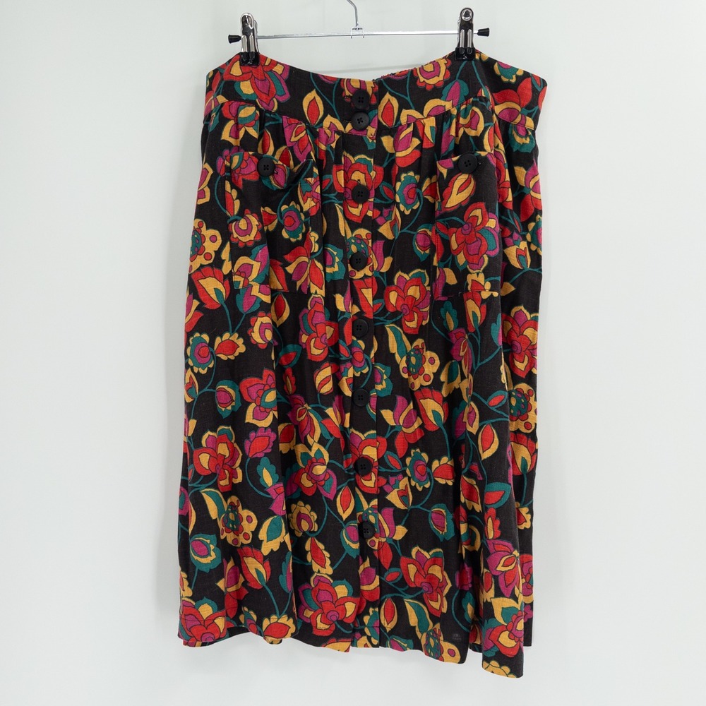 ModCloth Midi Skirt Womens XL Black Floral Button Front Linen Cottagecore Indie
